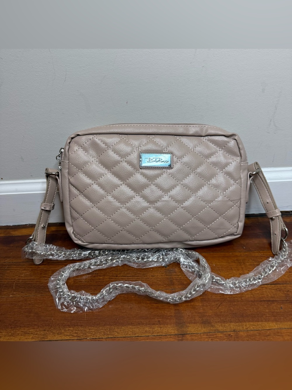 Quilted Crossbody Bag in Taupe with Silver Plaque